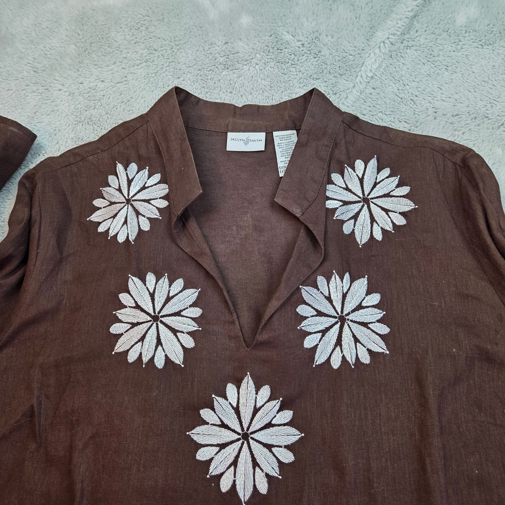 Jaclyn Smith‎ Linen Blend Embroidered Tunic Top Womens XL Brown Floral V-Neck